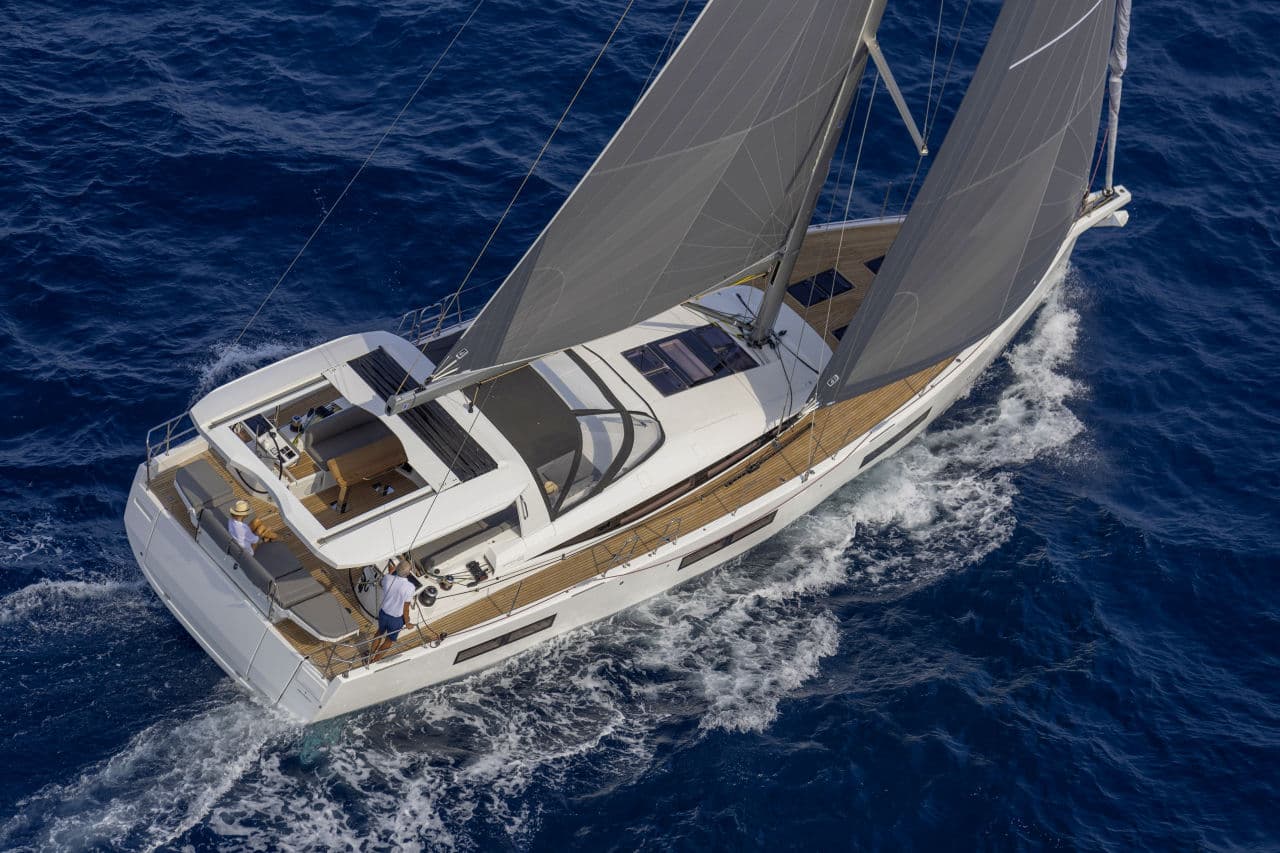 A Jeanneau Yachts 60 under sail, seen from directly above