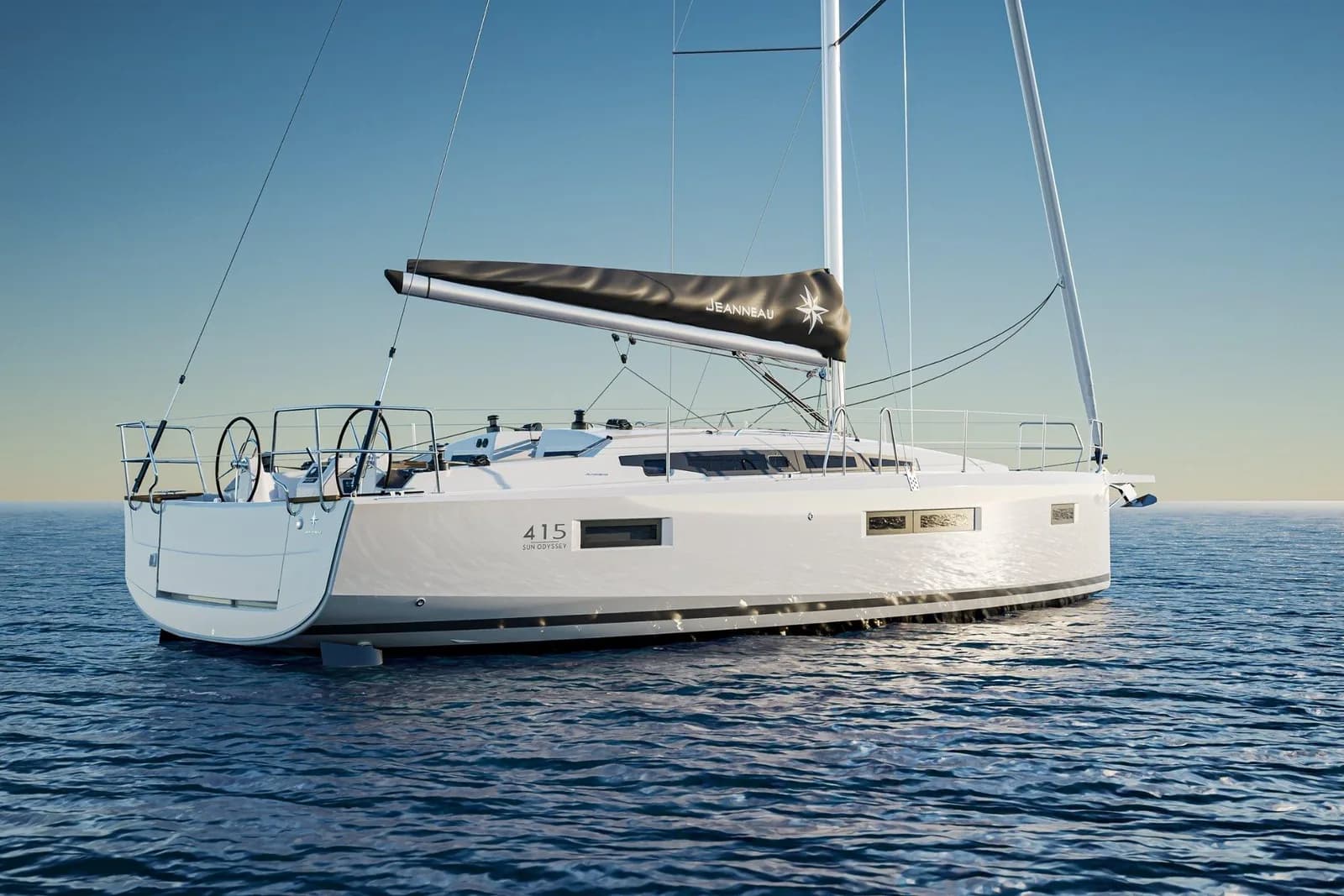 A Jeanneau Sun Odyssey 415 at anchor in the evening light