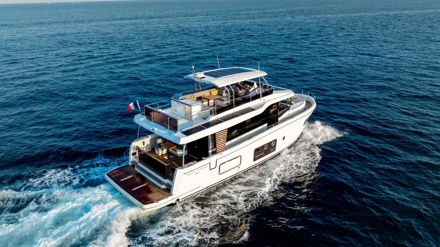 A Beneteau Swift Trawler 54 under way, seen from above